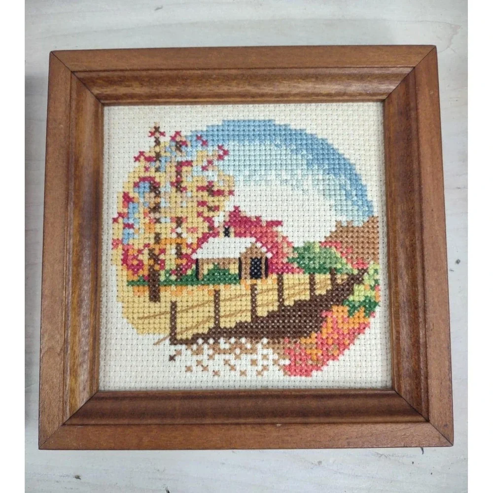 Vintage Completed Cross Stitch Framed Country Seasonal Landscapes Retro Decor